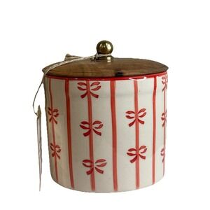 Hand Painted Striped Ceramic Canister w/bows & Wood Lid. Viral TikTok